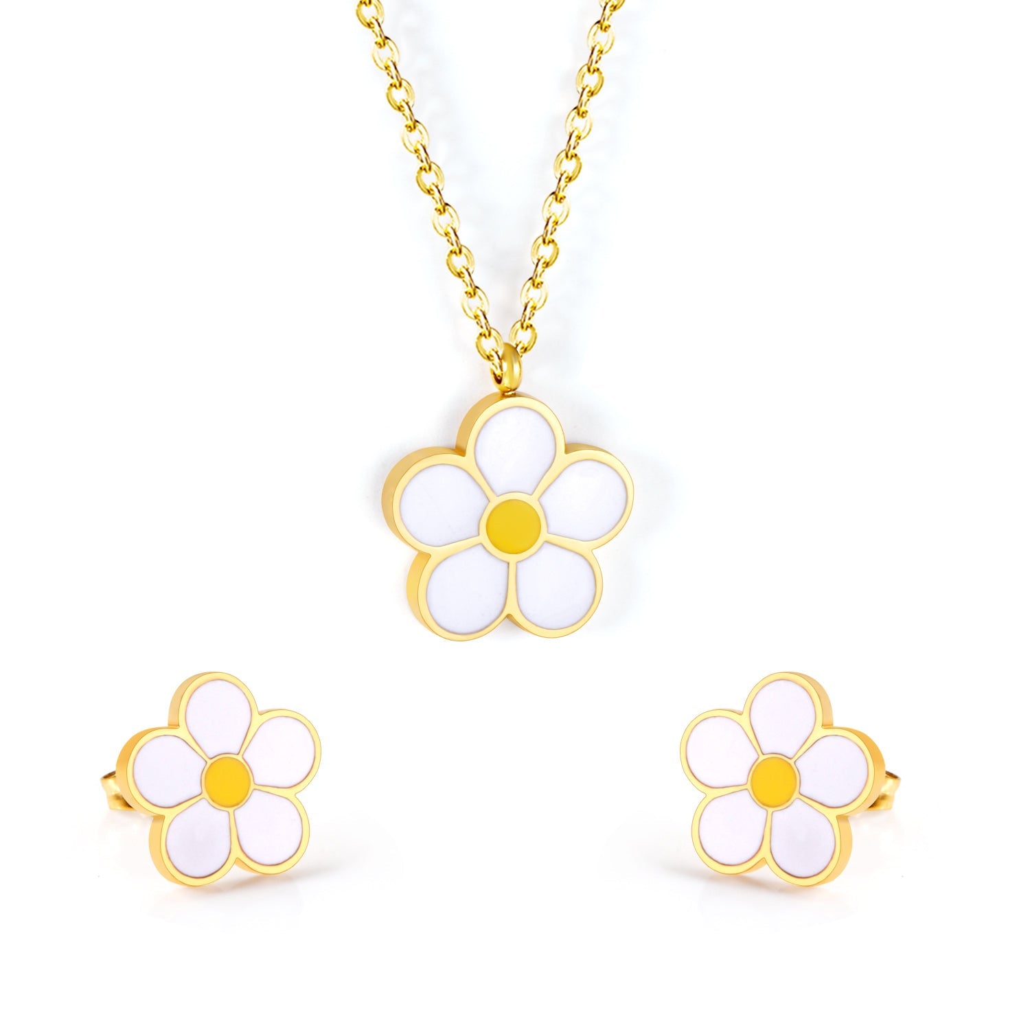 Peach Blossom Oil Drip White Jewelry Set Steel/Gold asonjewelry